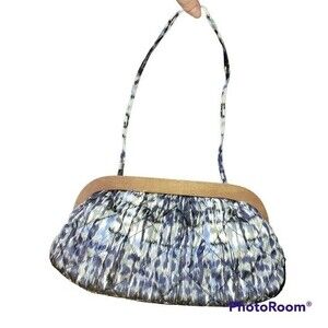 Lela Rose for Payless Boho Bohemian Blue White Print Clutch Wooden Frame Bag